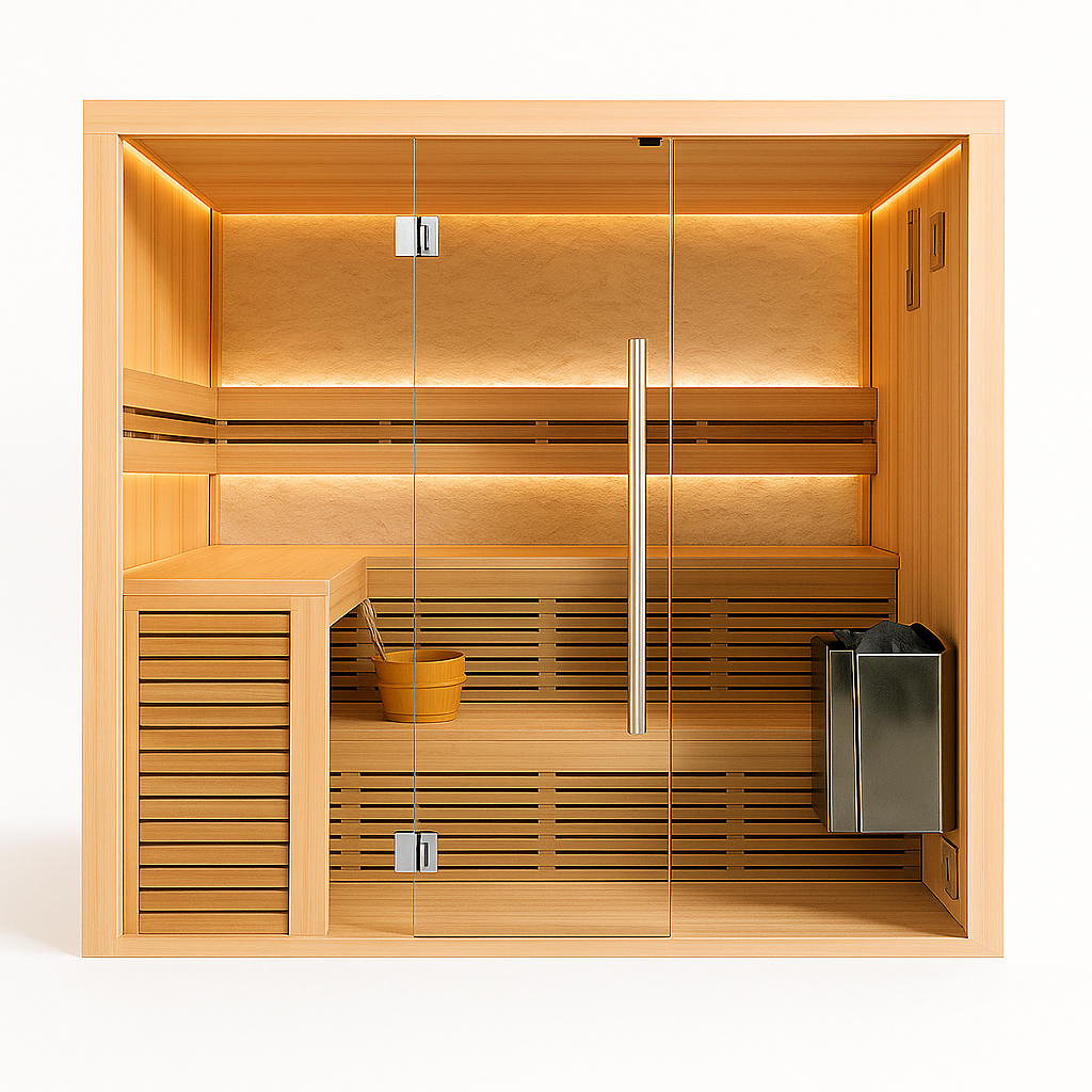 LumenStone Auro 3 indoor sauna with wooden benches and integrated lighting.
