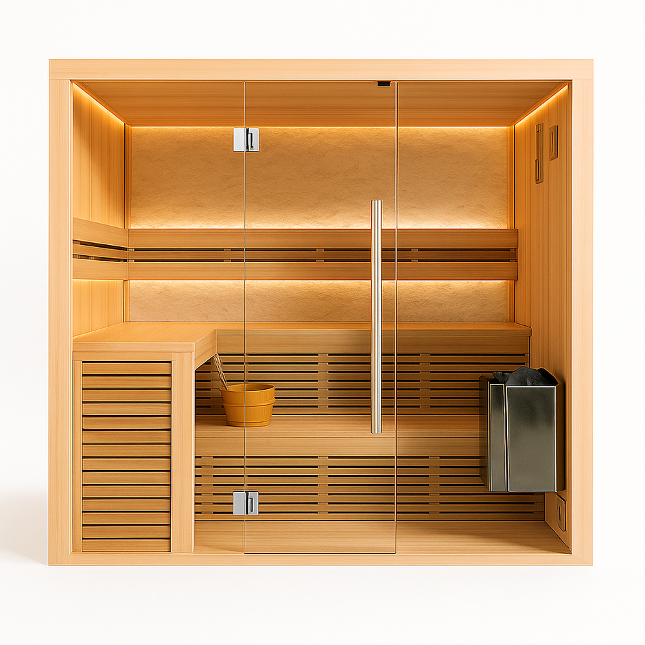 LumenStone Auro 3 indoor sauna with wooden benches and integrated lighting.
