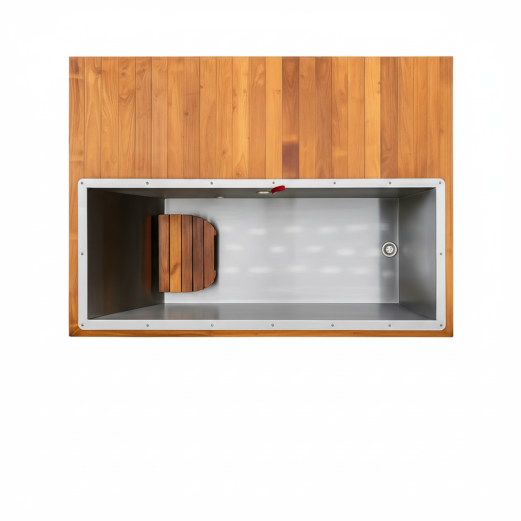 TimberChill Glacier Pro Cedar Cold Plunge tub with water and ice.