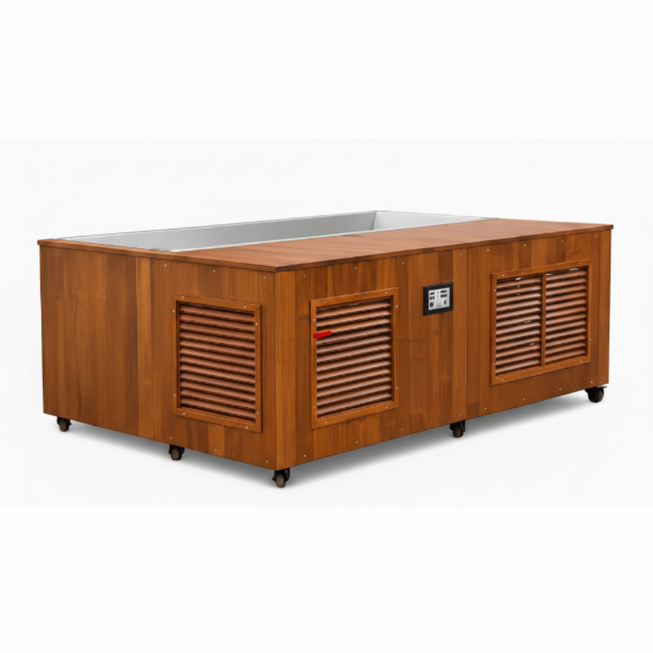 TimberChill Glacier Pro Cedar Cold Plunge tub with water and ice.