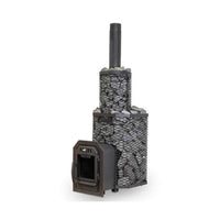 Cozy Heat Thru-Wall wood fired sauna heater stove with visible firebox and chimney pipe.
