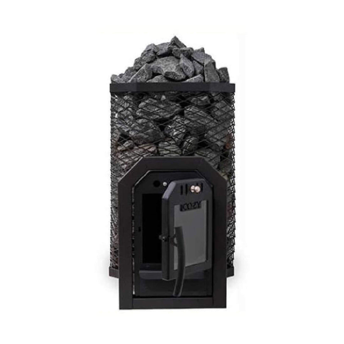 Cozy Heat Thru-Wall wood fired sauna heater stove with stainless steel exterior.
