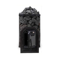 Cozy Heat Thru-Wall wood fired sauna heater stove with stainless steel exterior.