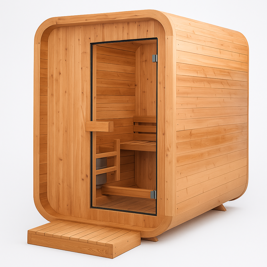 AuroraTherm cedar indoor sauna interior with wooden benches and heater.