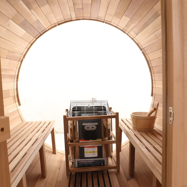 Blisspod, Prague, Canadian Red Cedar Outdoor Steam Barell Sauna, 2-4 / 4-6 persons with Full Glass Back & 2 front Porch seats