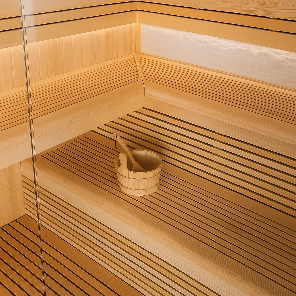 LumenStone Auro 3 indoor sauna with wood paneling and glass door