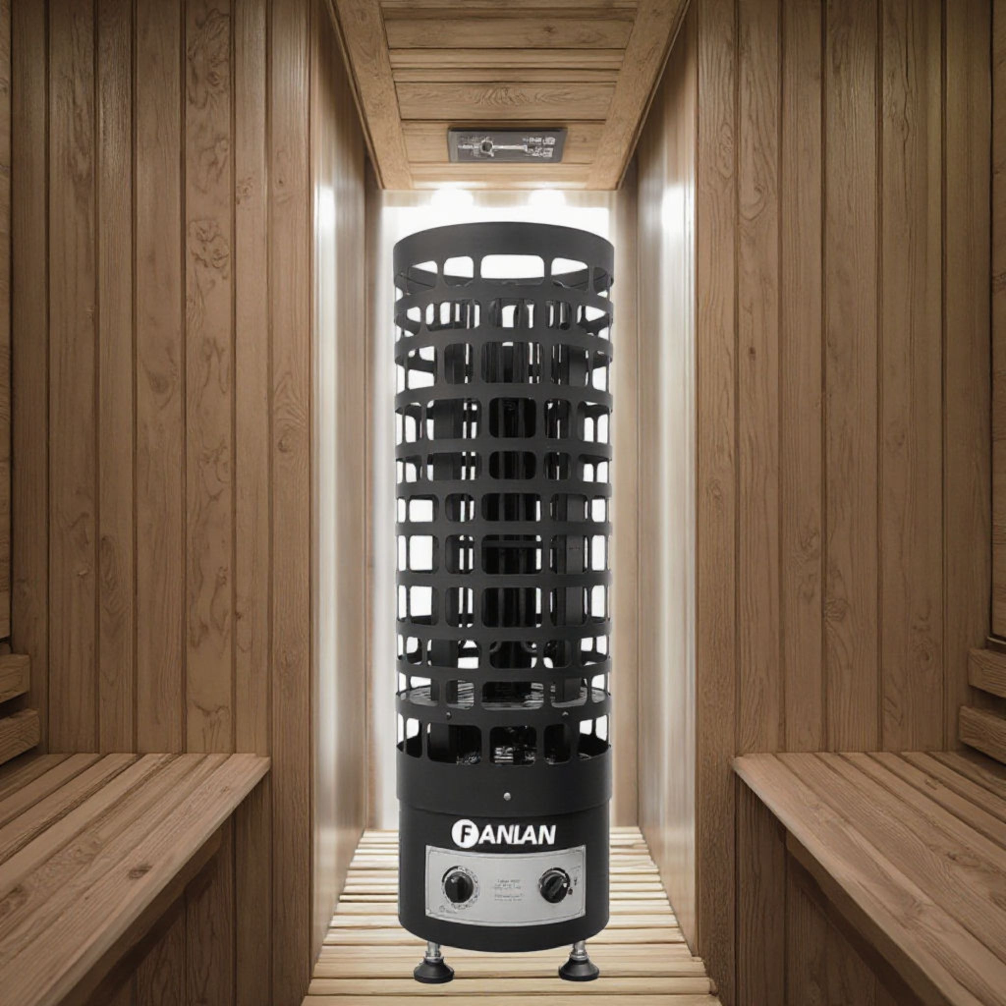 Thermexa ProGuard Sauna Heater with stainless steel casing and control panel.