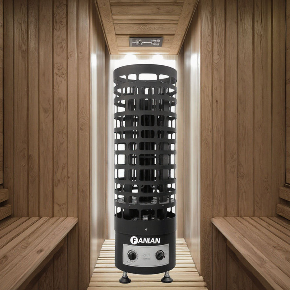 Thermexa ProGuard Sauna Heater with stainless steel casing and control panel.