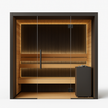 Vantaa Eclipse Luxe indoor sauna with dark wood interior and glass door.