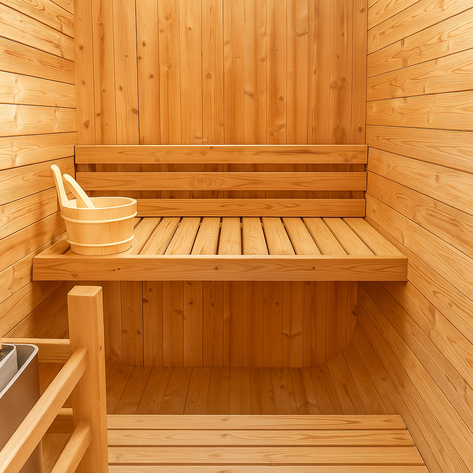 AuroraTherm cedar indoor sauna with wooden benches and glass door.