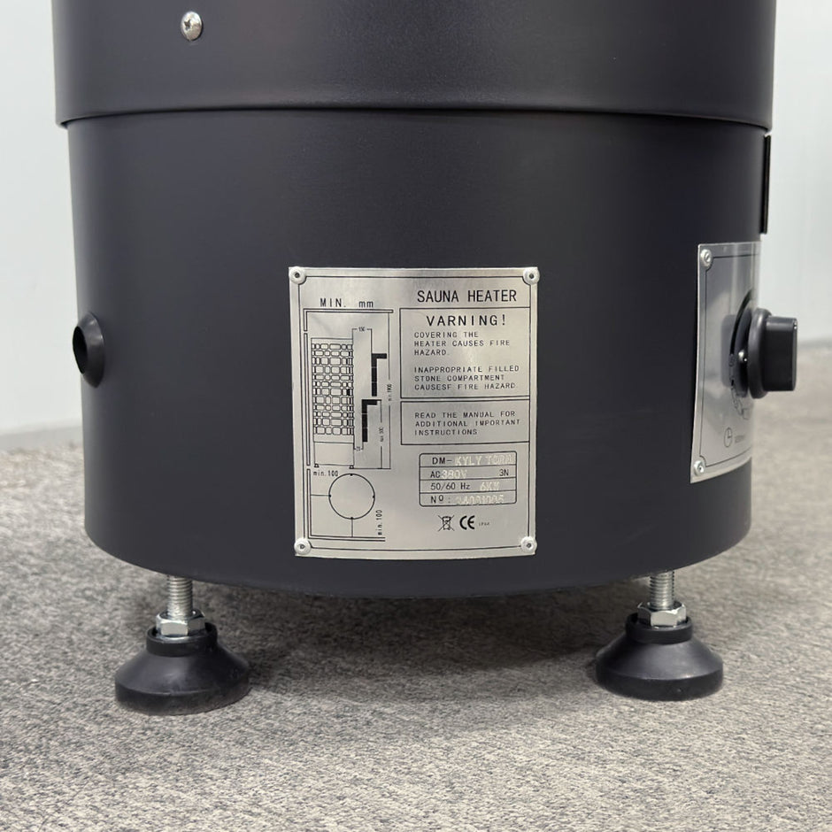 Thermexa ProGuard sauna heater with stainless steel exterior and control panel.