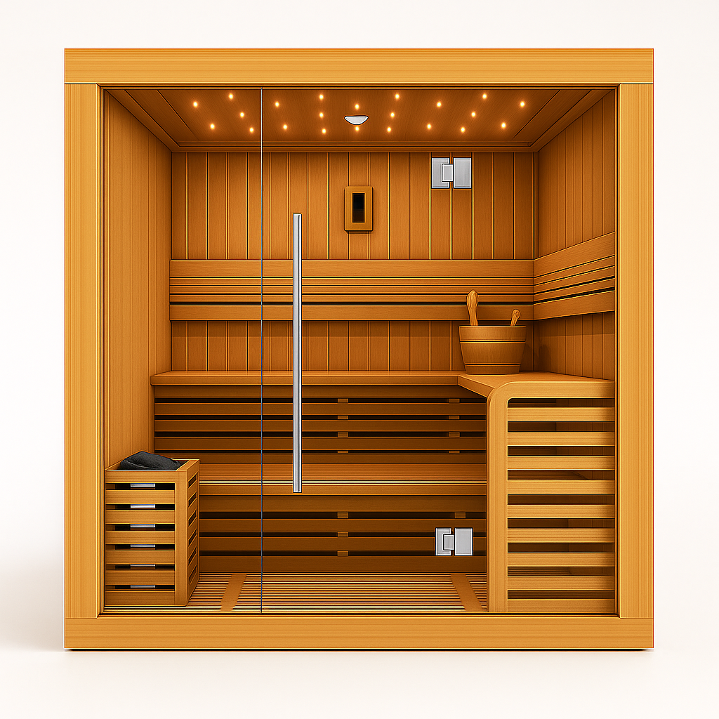 Solstice Elite Horizon indoor sauna with wood interior and glass door.