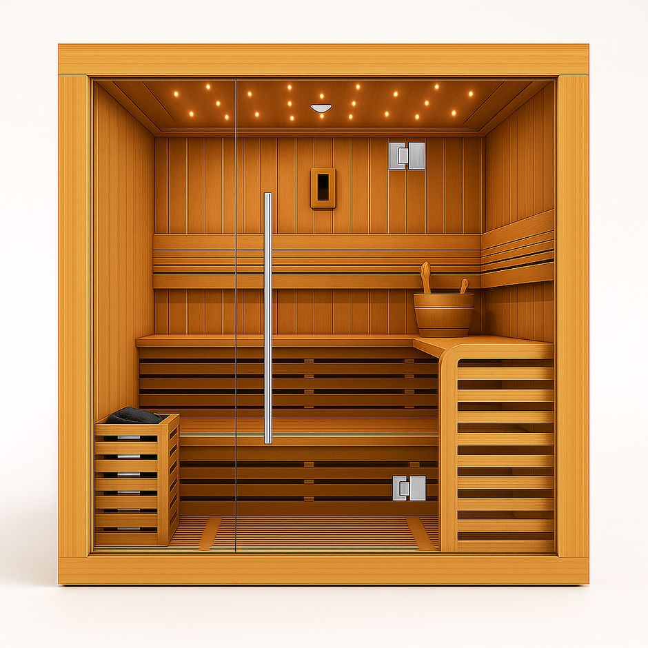 Solstice Elite Horizon indoor sauna with wood interior and glass door.