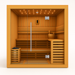 Solstice Elite Horizon indoor sauna with wood interior and glass door.