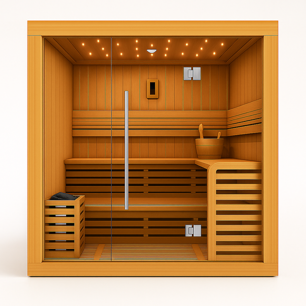 Solstice Elite Horizon indoor sauna with wood interior and glass door.