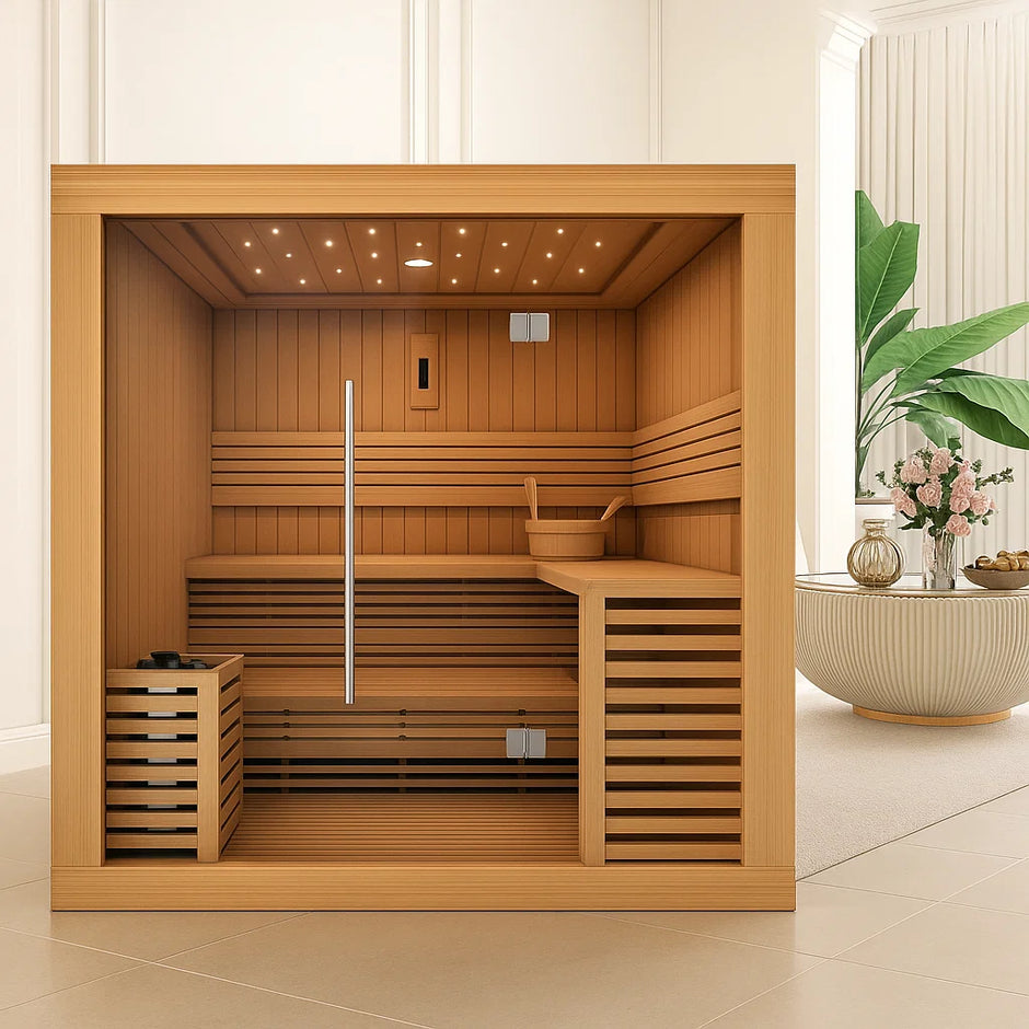 Solstice Elite Horizon indoor sauna with wooden interior and glass door.