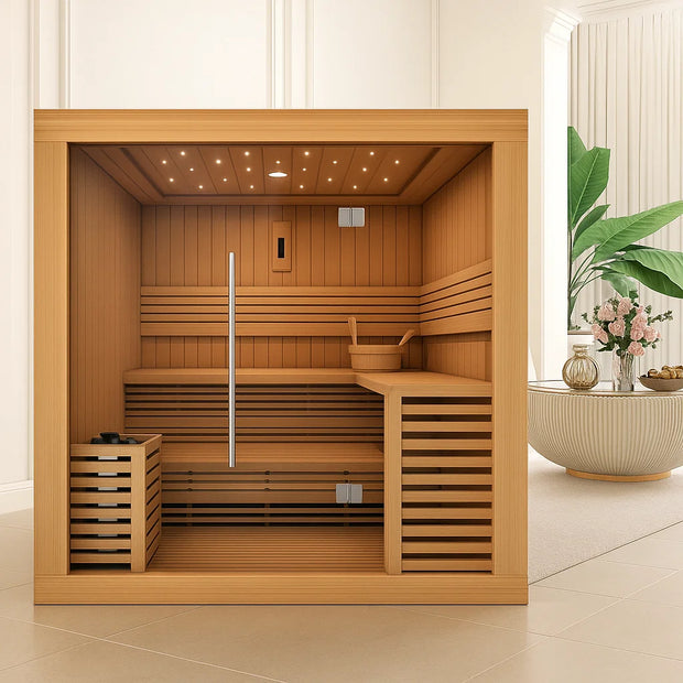 Solstice Elite Horizon indoor sauna with wooden interior and glass door.