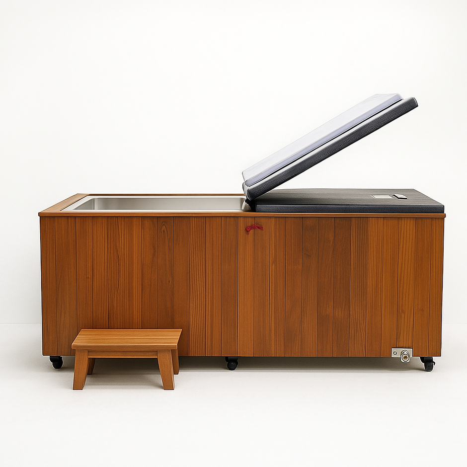 Cedar cold plunge tub with icy water, TimberChill Glacier Pro branding.