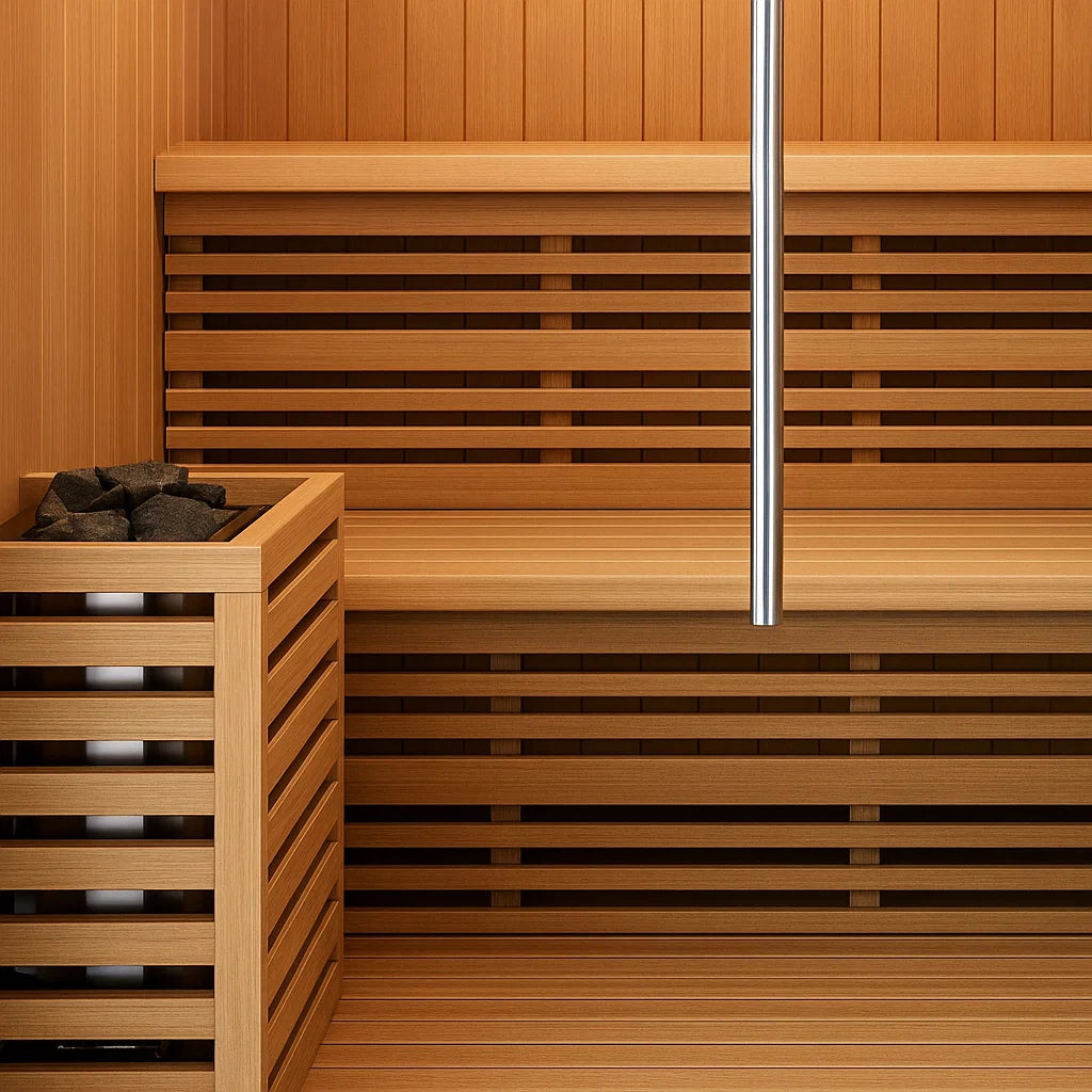 Solstice Elite Horizon indoor sauna with wooden interior and glass door.