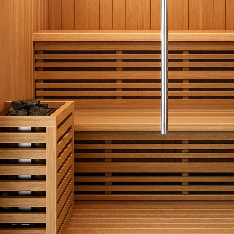 Solstice Elite Horizon indoor sauna with wooden interior and glass door.