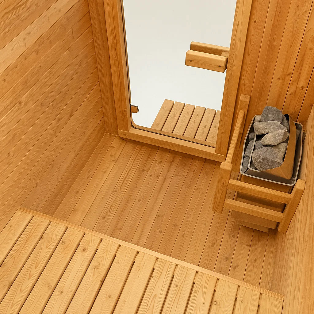 AuroraTherm cedar indoor sauna with wooden benches and glass door.