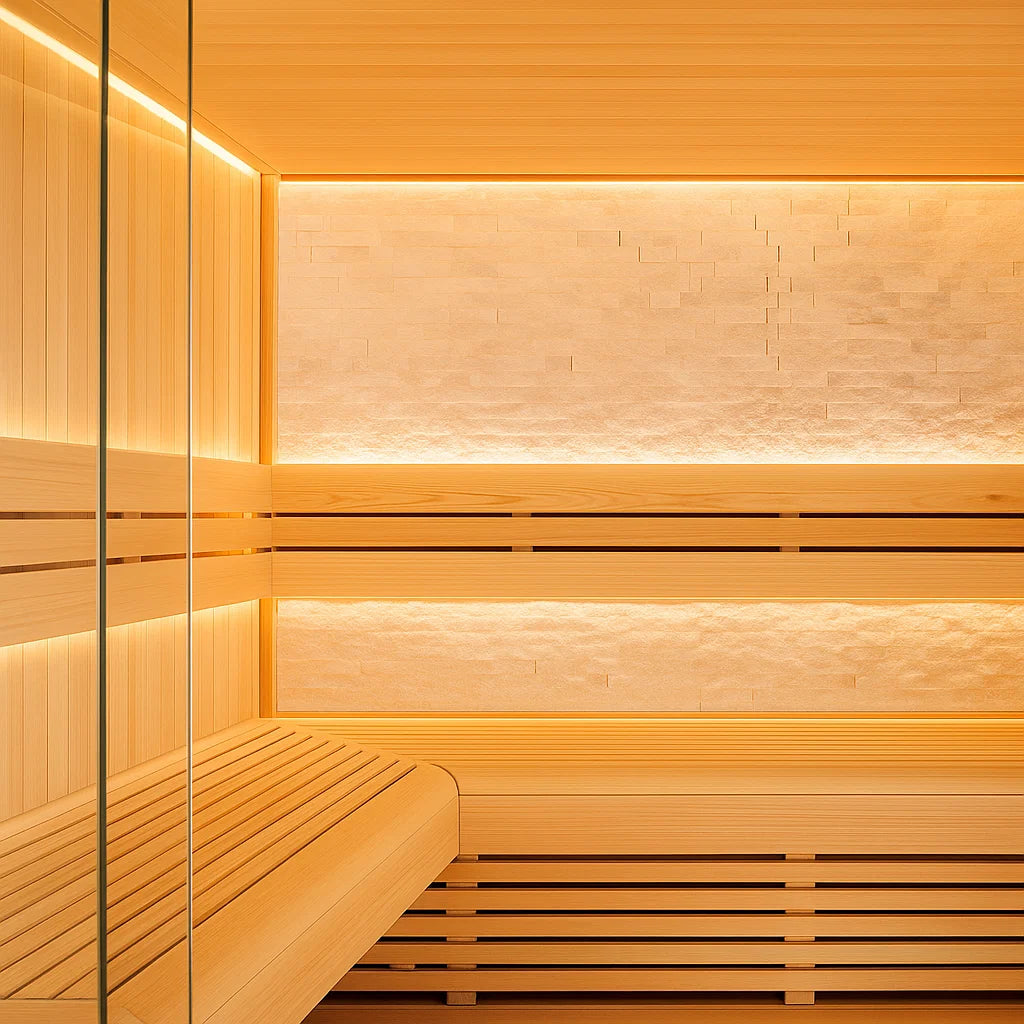 LumenStone Auro 3 indoor sauna with wooden interior and glass door.