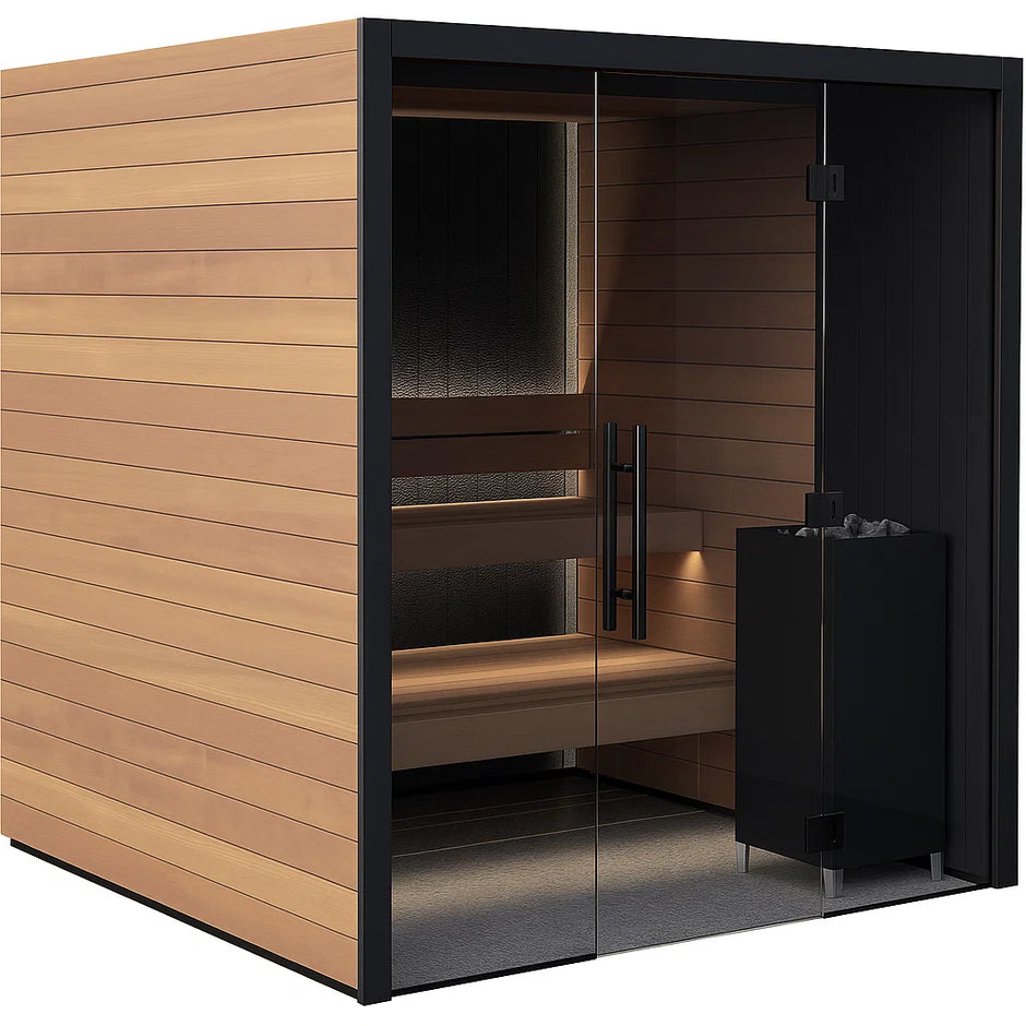 Vantaa Eclipse Luxe indoor sauna with dark wood exterior and glass door.