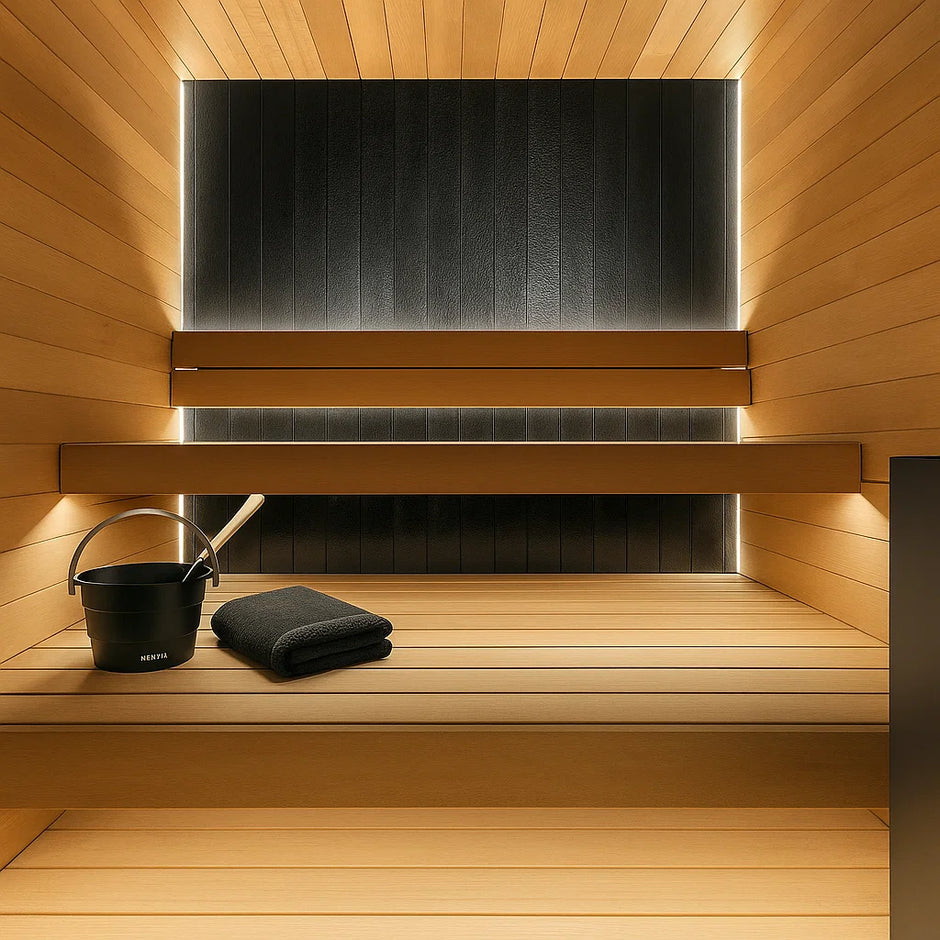Vantaa Eclipse Luxe indoor sauna interior with wooden benches and ambient lighting.