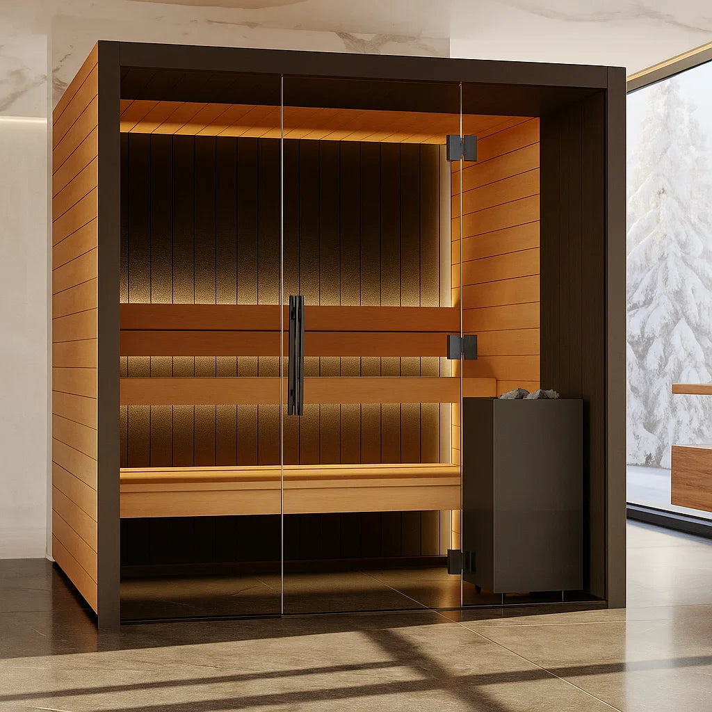 Vantaa Eclipse Luxe indoor sauna with wooden interior and glass door.