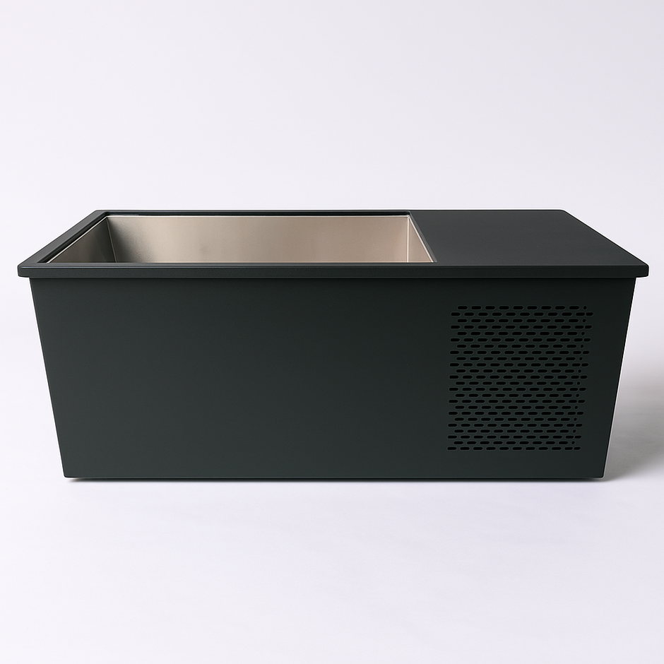 PolarEdge Monolith X integrated cold plunge tub with sleek black finish and digital display.
