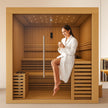 Solstice Elite Horizon indoor sauna with modern wood finish and glass door.