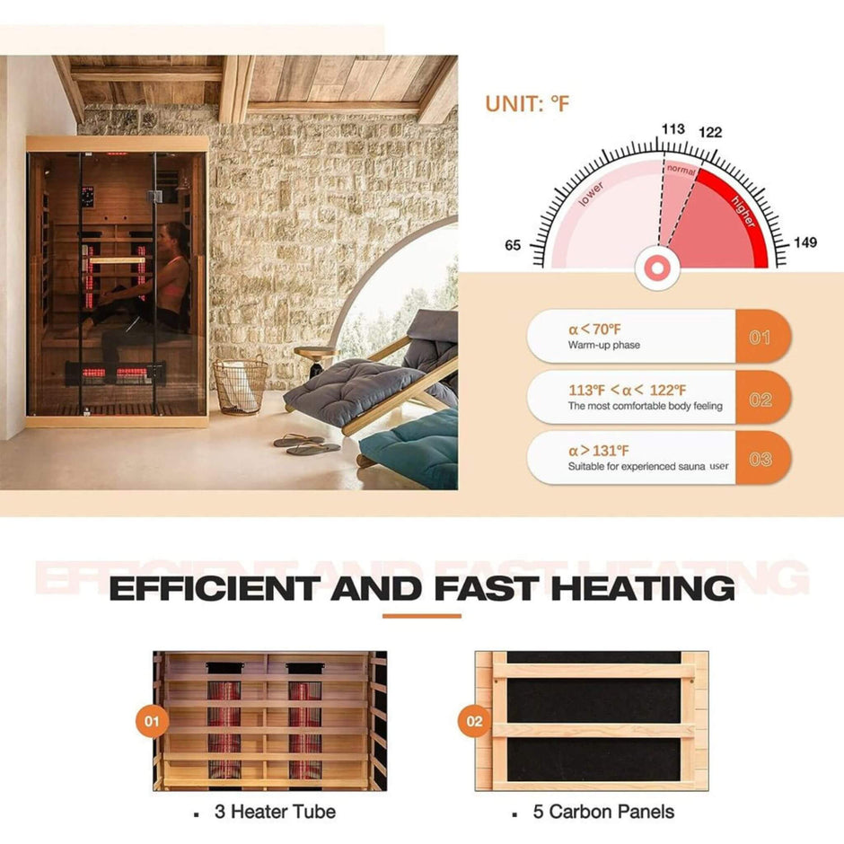 Thermora Valen 2-person FAR infrared sauna with tempered glass door.