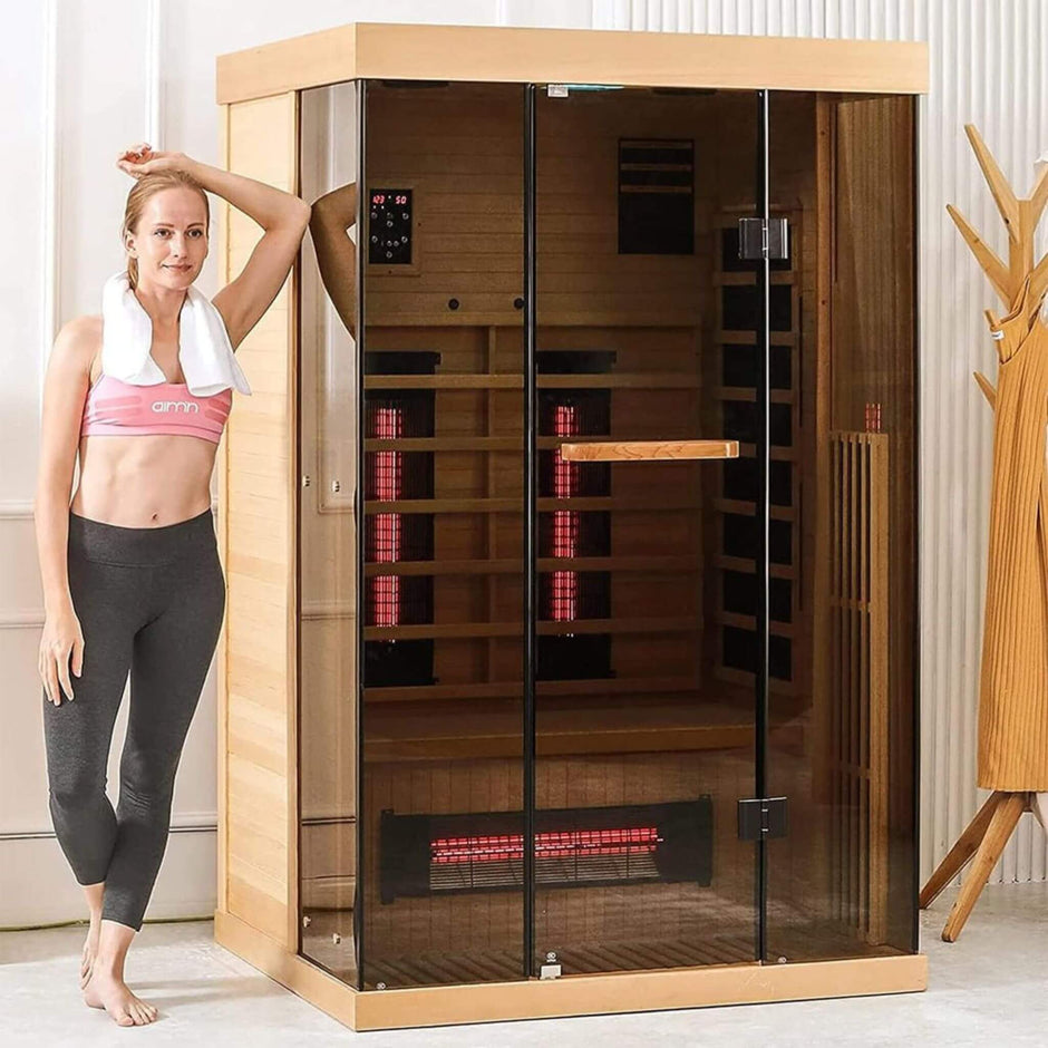 Thermora Valen 2000W 2-person FAR infrared sauna with panoramic tempered glass.