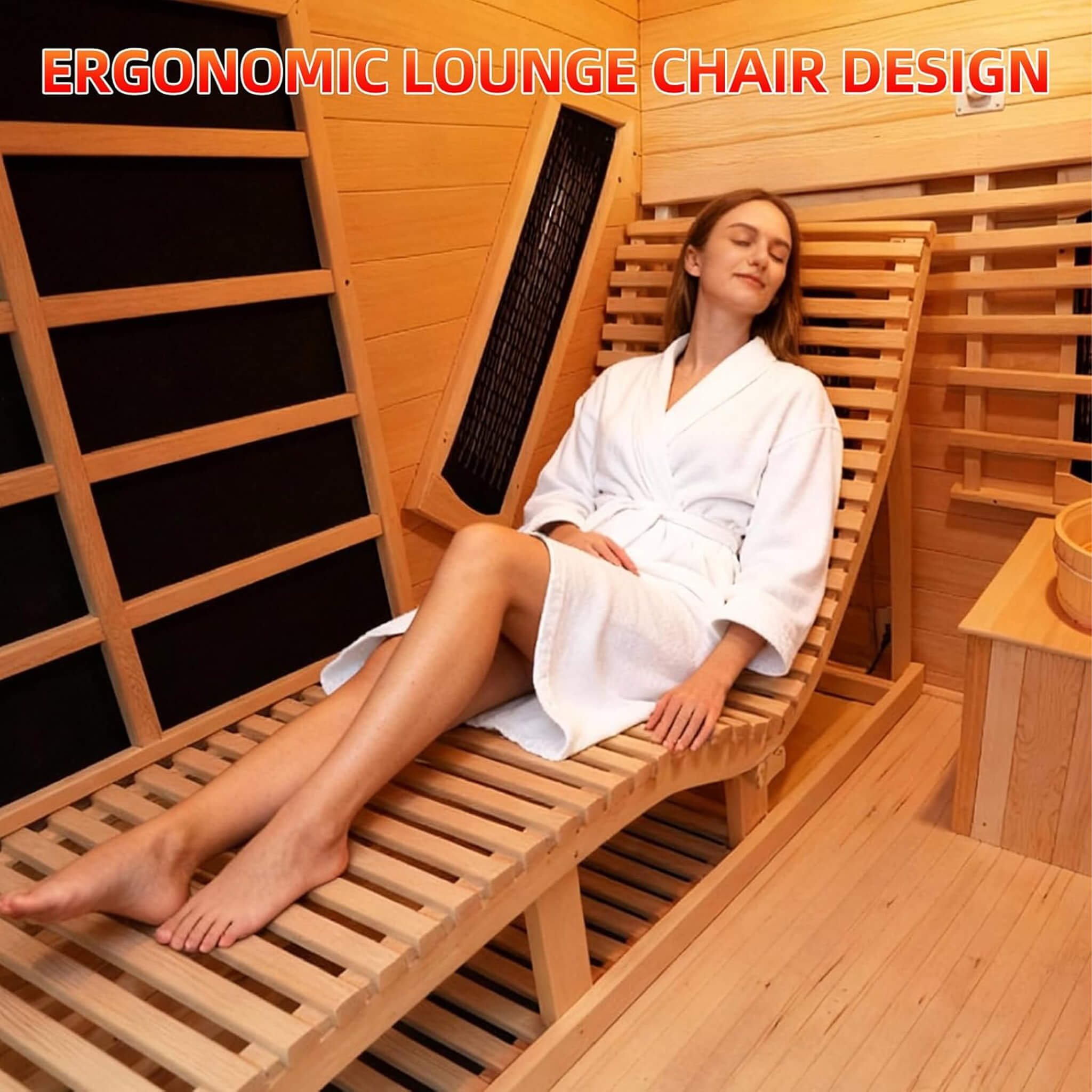 Rövia Oasis 3-person indoor hybrid sauna with built-in lounge chair.