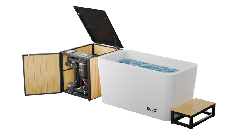 RevX Acrylic X Tub cold plunge with LUX chiller and filtration system.