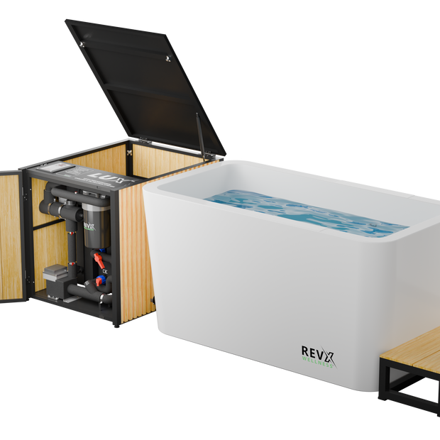 RevX Acrylic X Tub cold plunge with LUX chiller and filtration system.